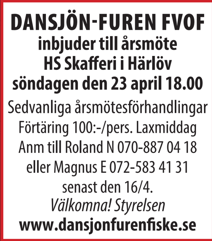 Årsmöte Dansjön-Furen FVO 23 april 18.00